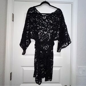 Vintage Alexis Crochet Lace Wide Bell Sleeve Mini Coverup Tunic Dress